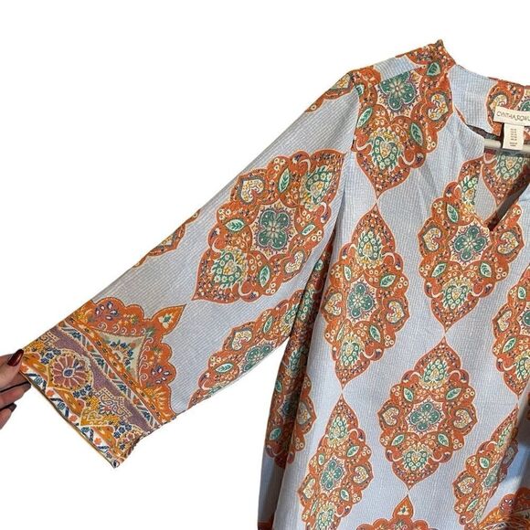 CYNTHIA ROWLEY- Blue and Orange Medallion Print Boho Tunic Top, Plus Size 1X - Picture 5 of 12